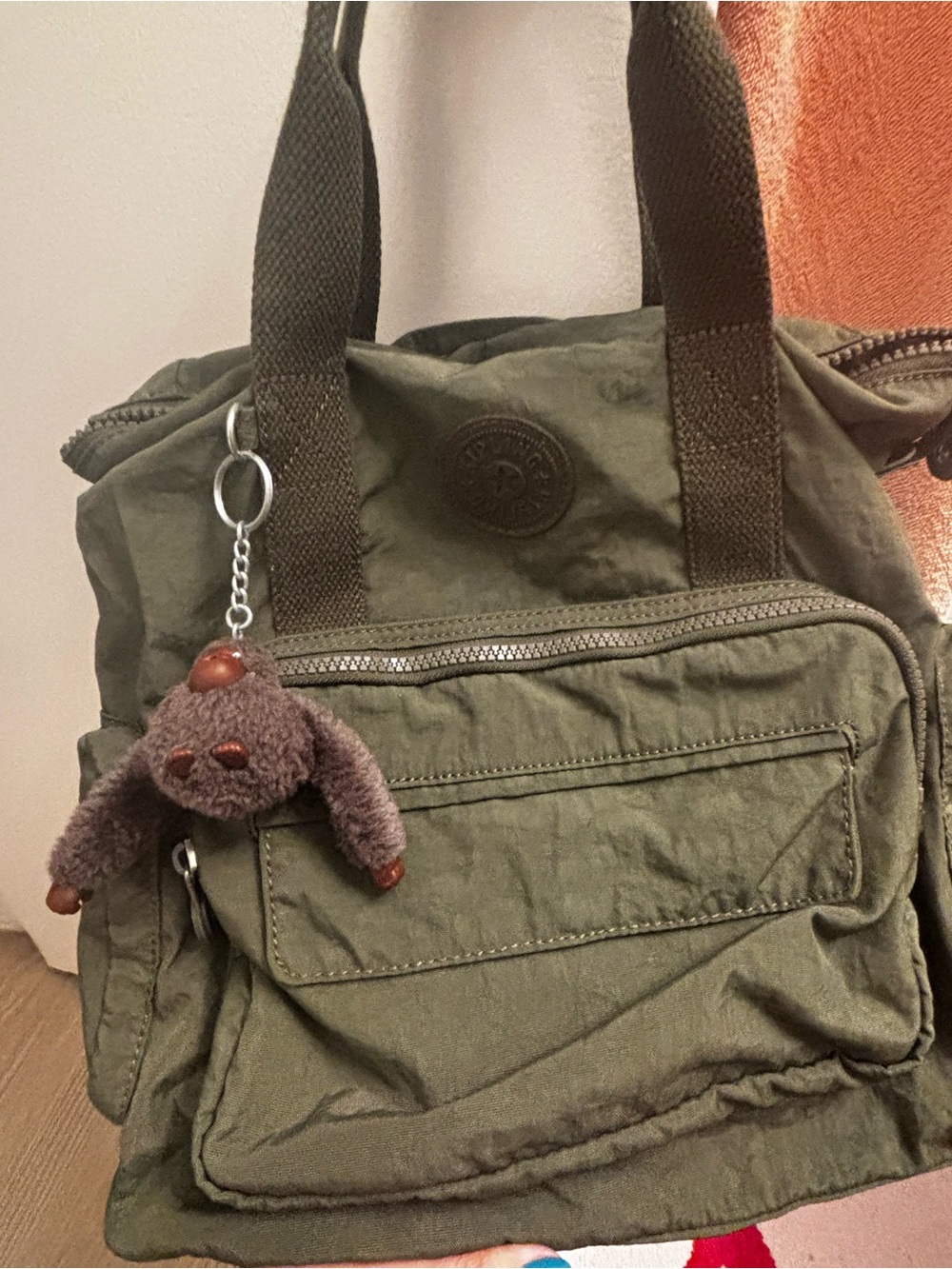 Kipling Olive Green Canvas Backpack Tote with Brown Monkey Keychain